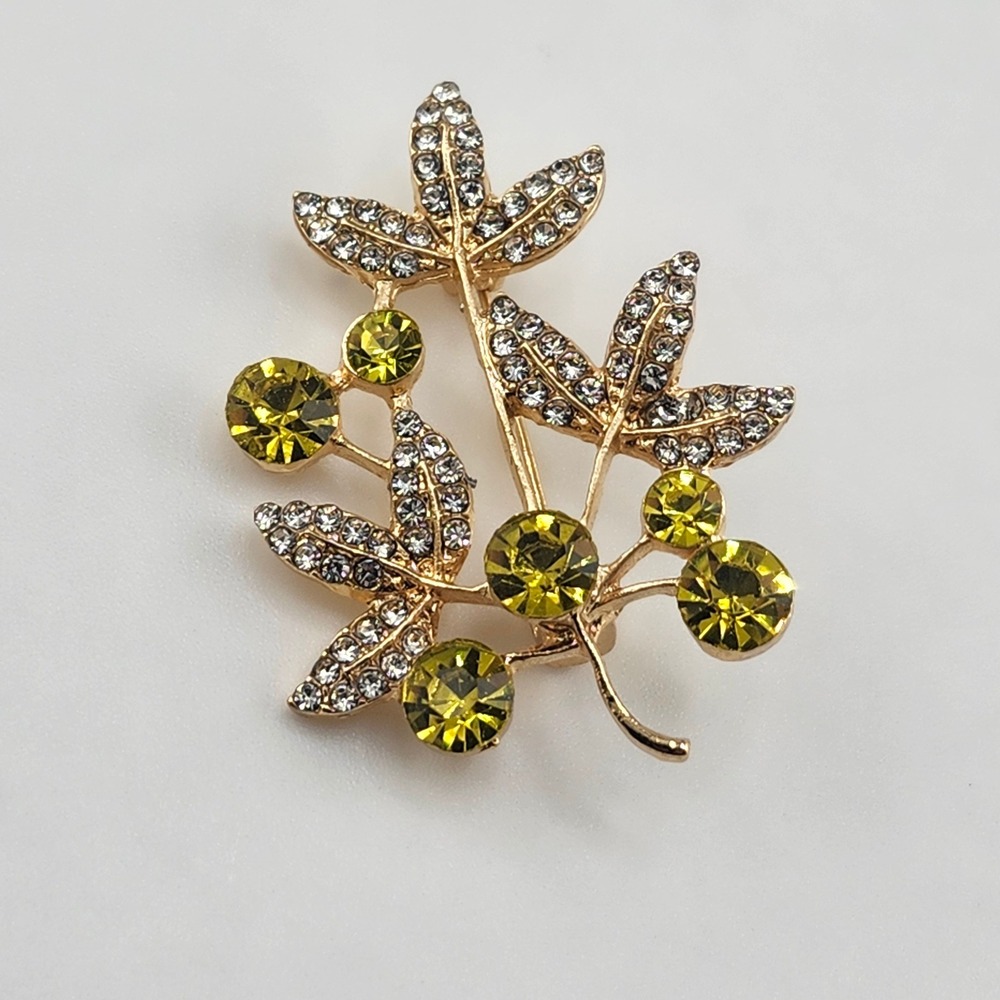 Gold Tone Leaf‎ Branch Brooch Pin Rhinestone Crystal Gem Accents